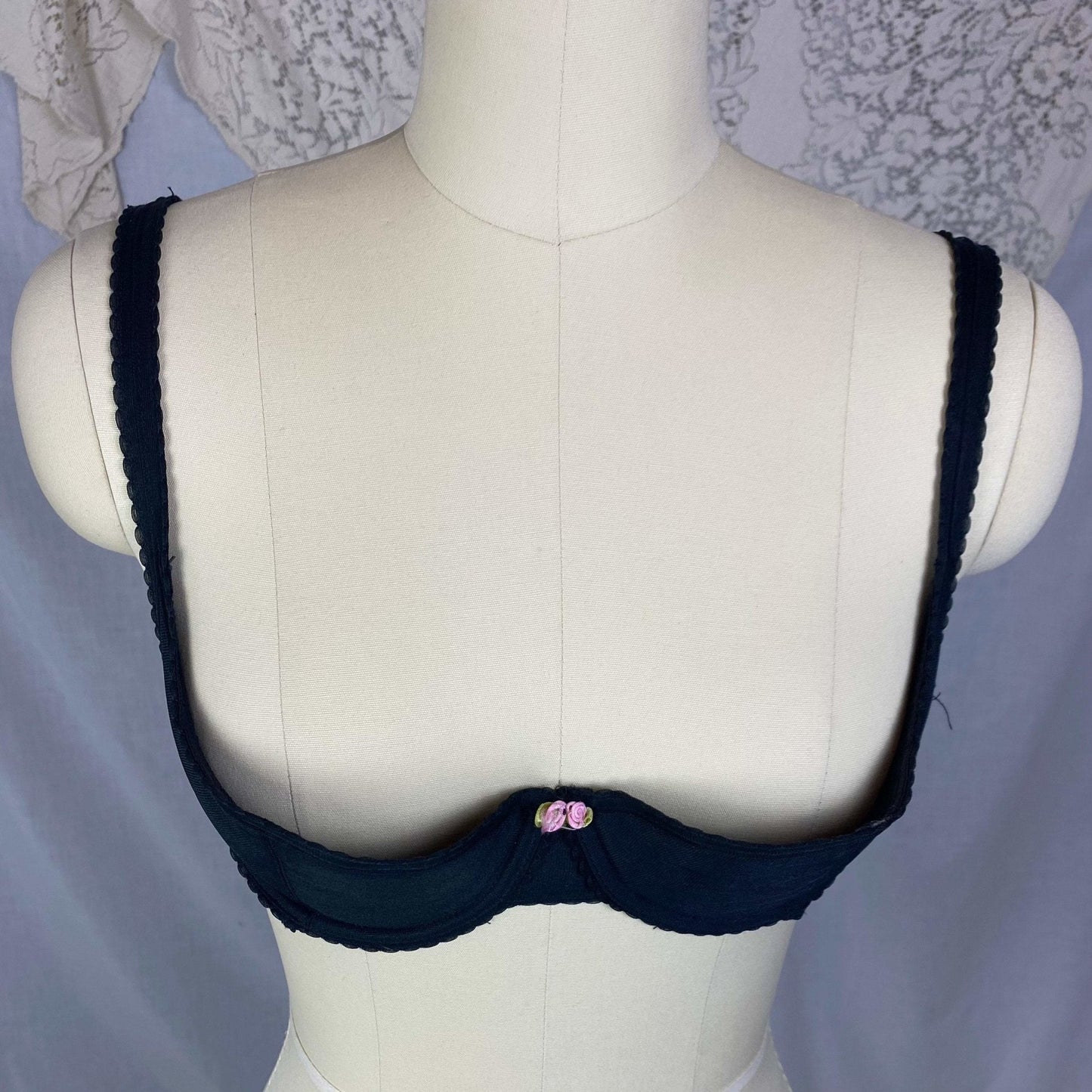 Vintage 1950's Shelf Bra | Black Nylon with Chiffon & Scalloped Edges | Size 36 B | Peter Pan - Inspired by Oleg Cassini - Daggers & Dames