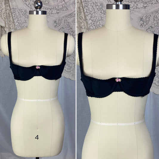 Vintage 1950's Shelf Bra | Black Nylon with Chiffon & Scalloped Edges | Size 36 B | Peter Pan - Inspired by Oleg Cassini - Daggers & Dames