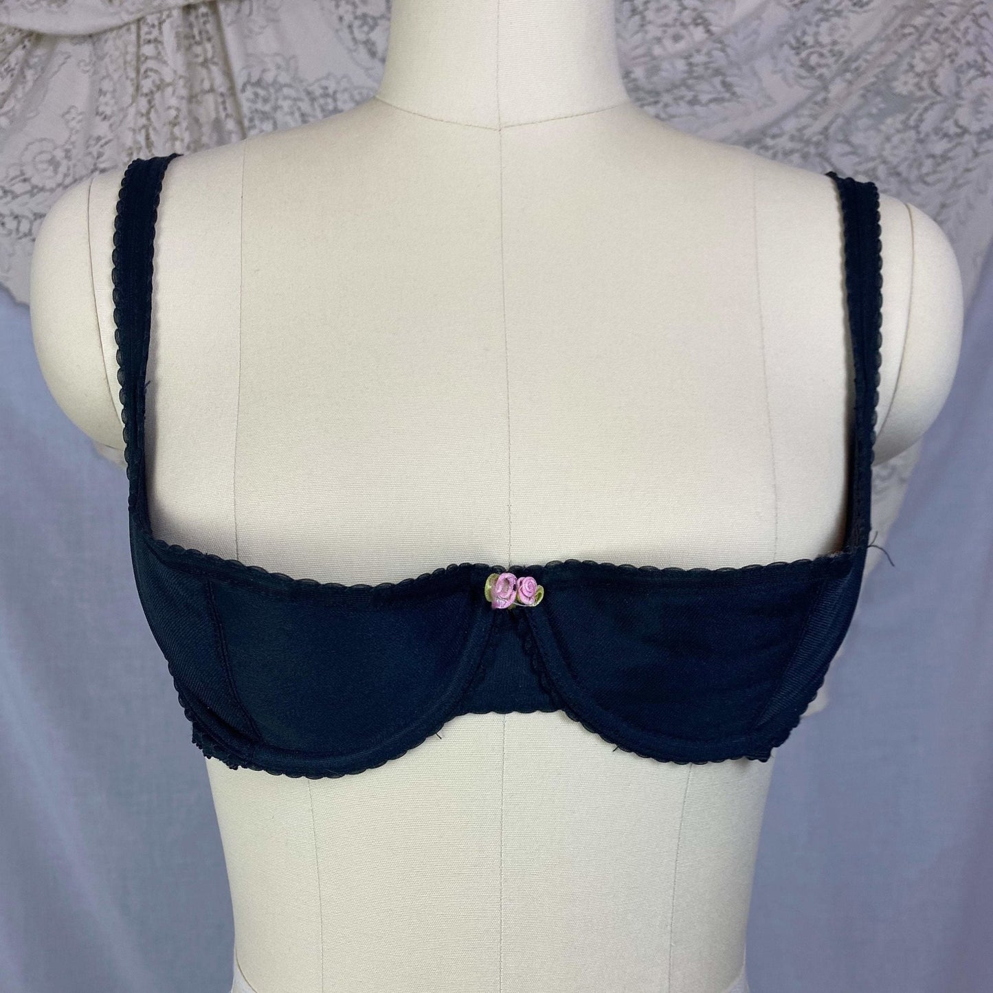 Vintage 1950's Shelf Bra | Black Nylon with Chiffon & Scalloped Edges | Size 36 B | Peter Pan - Inspired by Oleg Cassini - Daggers & Dames