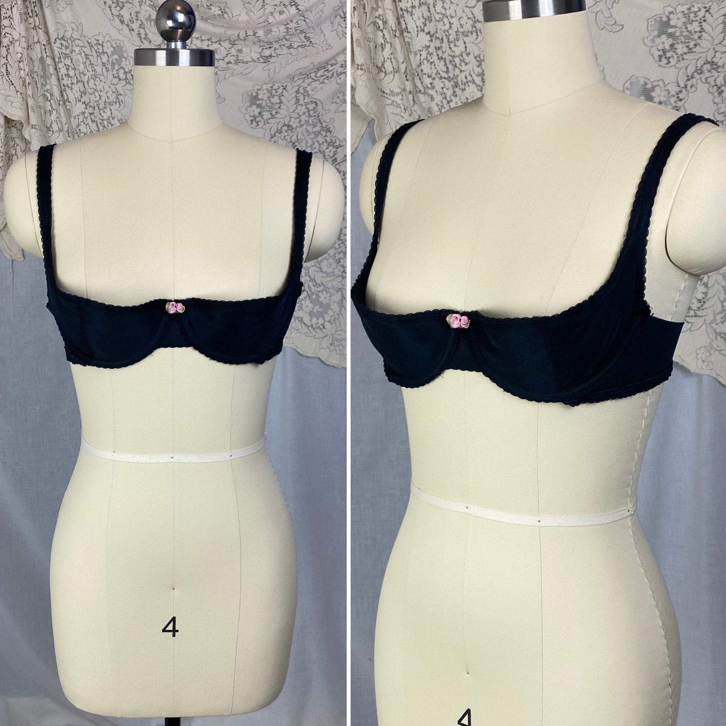Vintage 1950's Shelf Bra | Black Nylon with Chiffon & Scalloped Edges | Size 36 B | Peter Pan - Inspired by Oleg Cassini - Daggers & Dames