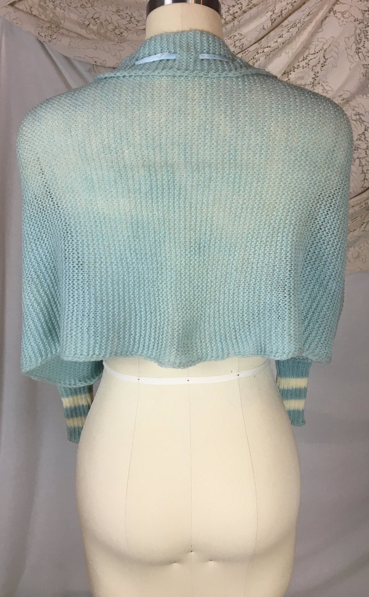 Vintage 1950's Shoulderette Shrug | Baby Blue & White Yarn Knit with Satin Tie | Size XS, SM, MED - Daggers & Dames