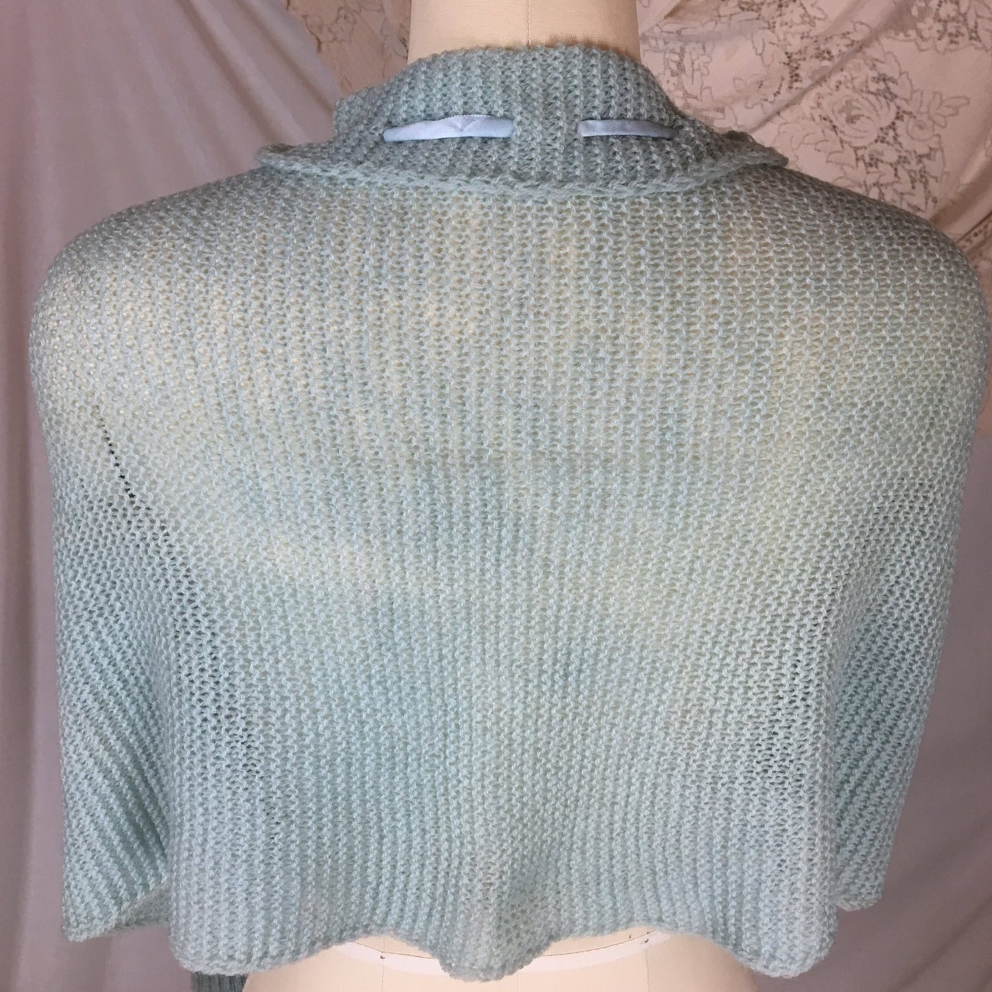 Vintage 1950's Shoulderette Shrug | Baby Blue & White Yarn Knit with Satin Tie | Size XS, SM, MED - Daggers & Dames
