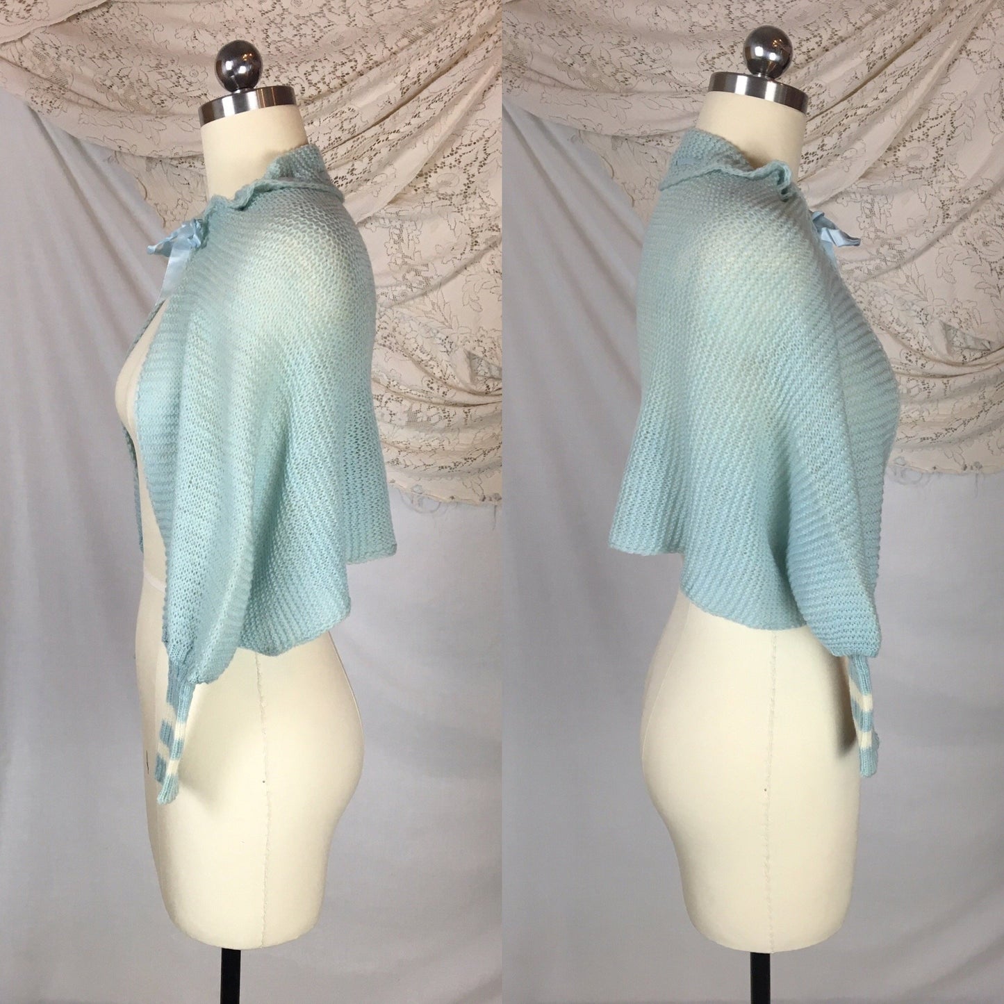 Vintage 1950's Shoulderette Shrug | Baby Blue & White Yarn Knit with Satin Tie | Size XS, SM, MED - Daggers & Dames