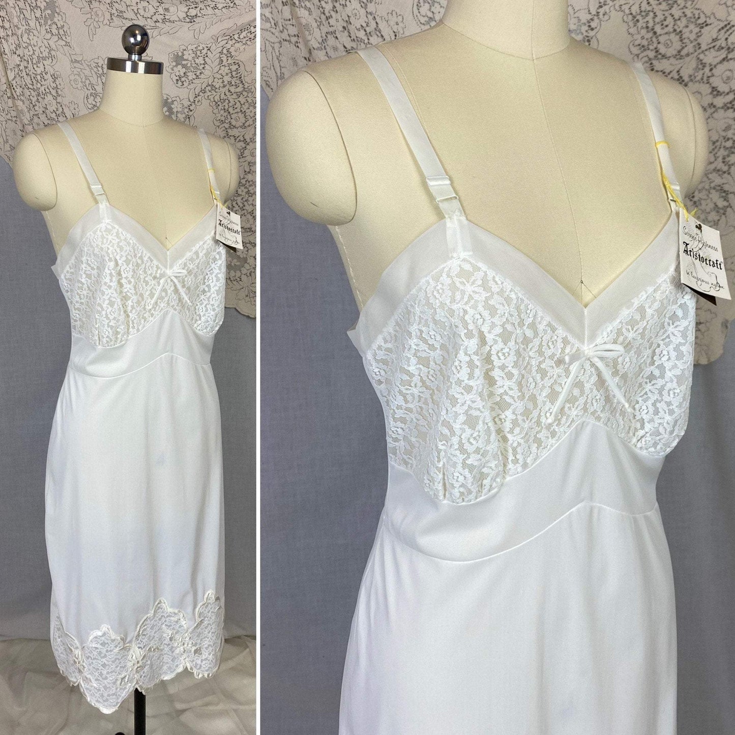 Vintage 1950's Slip | Bright White Nylon with Lace & Pearl Beading | Size 36-40 Bust, M/LG | Aristocraft, New with Tags - Daggers & Dames