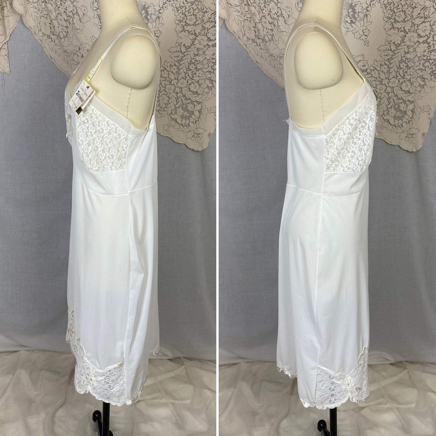 Vintage 1950's Slip | Bright White Nylon with Lace & Pearl Beading | Size 36-40 Bust, M/LG | Aristocraft, New with Tags - Daggers & Dames