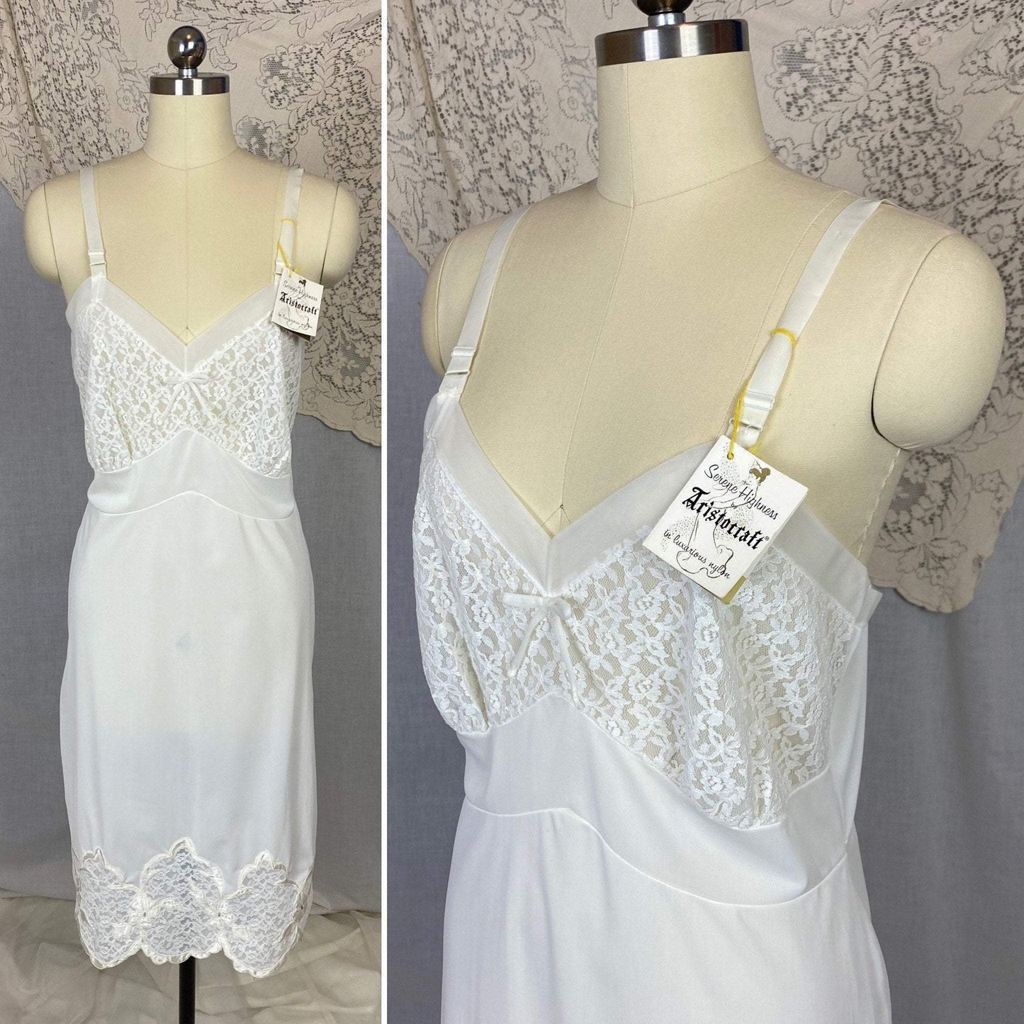Vintage 1950's Slip | Bright White Nylon with Lace & Pearl Beading | Size 36-40 Bust, M/LG | Aristocraft, New with Tags - Daggers & Dames