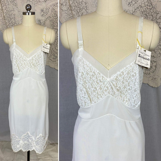 Vintage 1950's Slip | Bright White Nylon with Lace & Pearl Beading | Size 36-40 Bust, M/LG | Aristocraft, New with Tags - Daggers & Dames