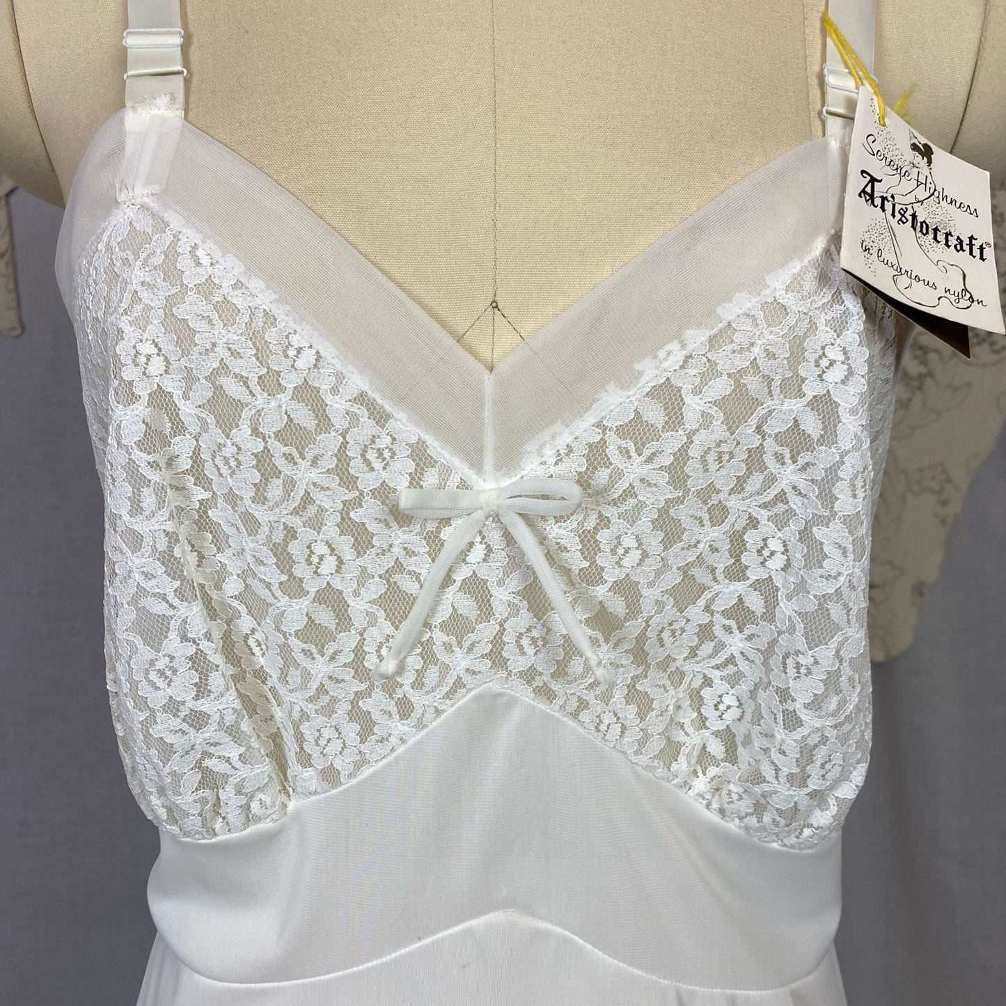 Vintage 1950's Slip | Bright White Nylon with Lace & Pearl Beading | Size 36-40 Bust, M/LG | Aristocraft, New with Tags - Daggers & Dames
