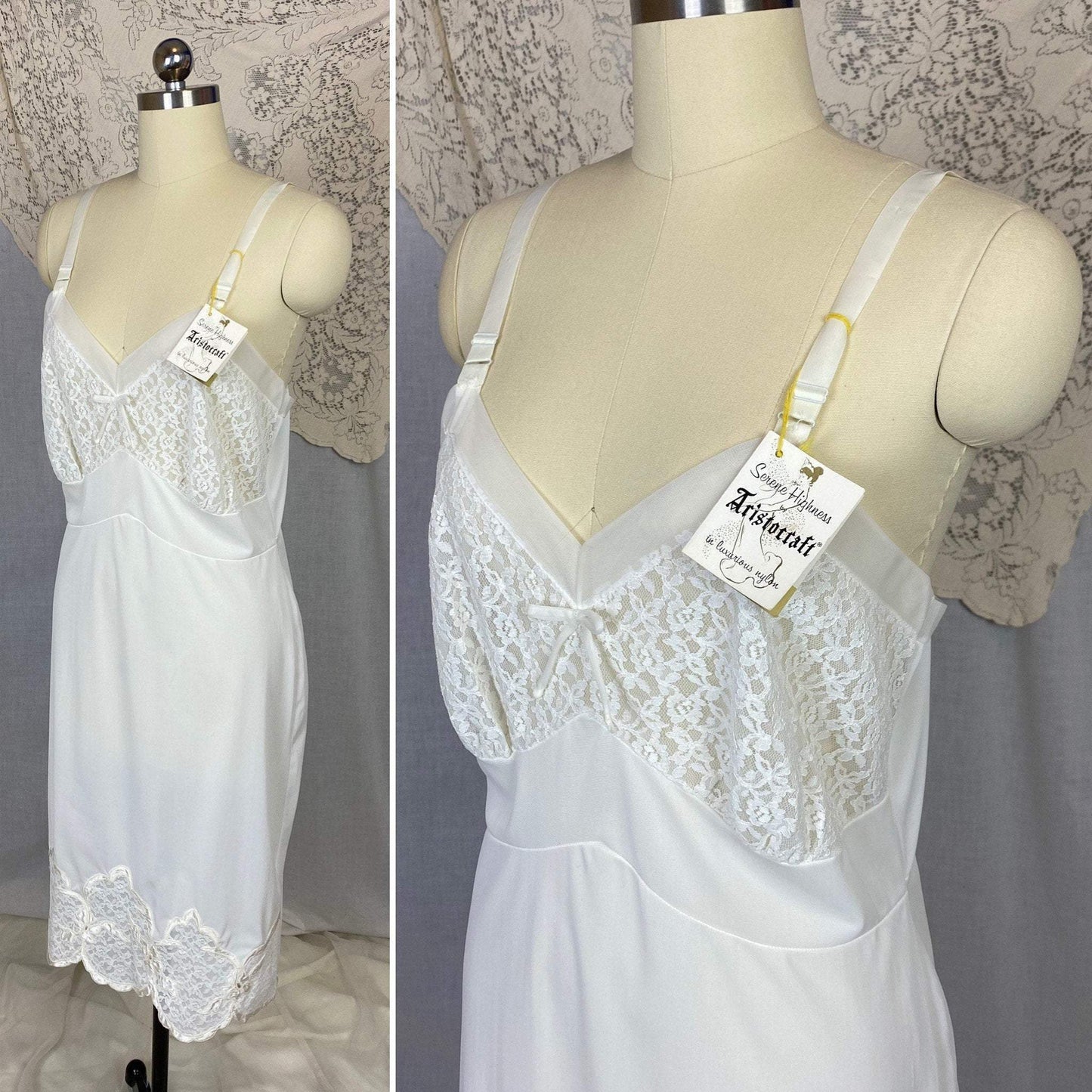 Vintage 1950's Slip | Bright White Nylon with Lace & Pearl Beading | Size 36-40 Bust, M/LG | Aristocraft, New with Tags - Daggers & Dames