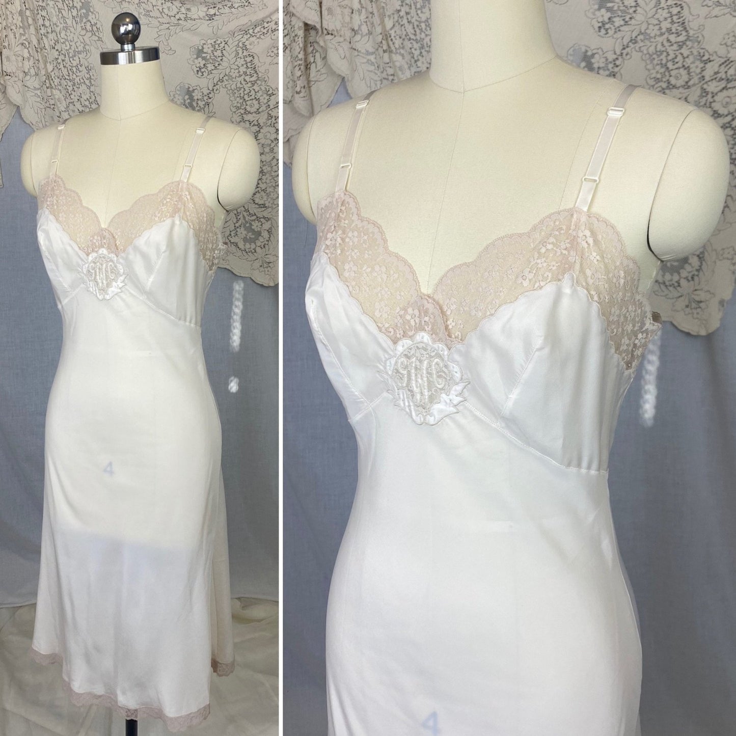 Vintage 1950's Slip | Creamy White Nylon Crepe with Nude Lace & Monogram Applique | Size S, M - Daggers & Dames