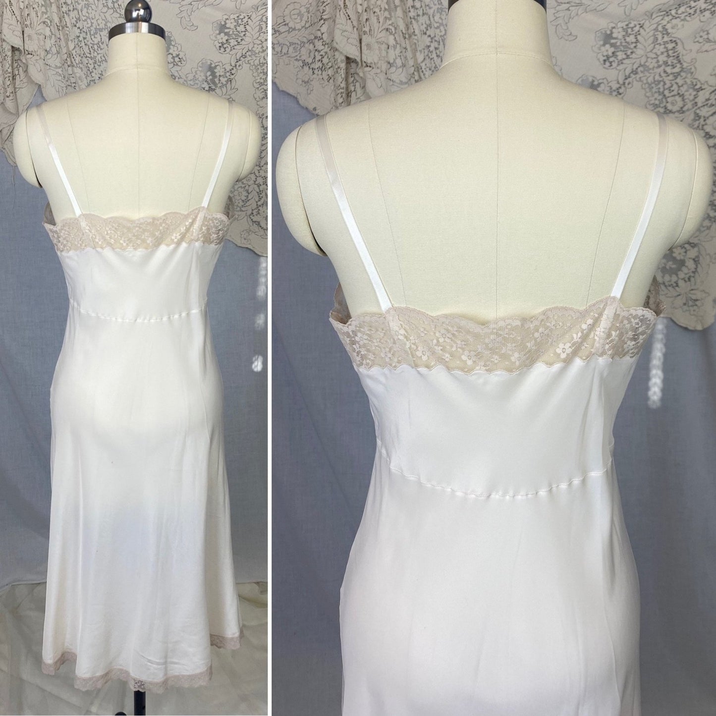 Vintage 1950's Slip | Creamy White Nylon Crepe with Nude Lace & Monogram Applique | Size S, M - Daggers & Dames
