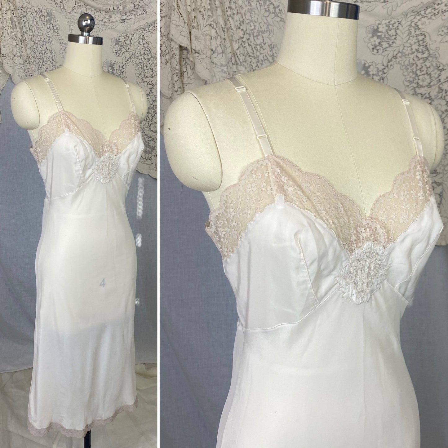 Vintage 1950's Slip | Creamy White Nylon Crepe with Nude Lace & Monogram Applique | Size S, M - Daggers & Dames
