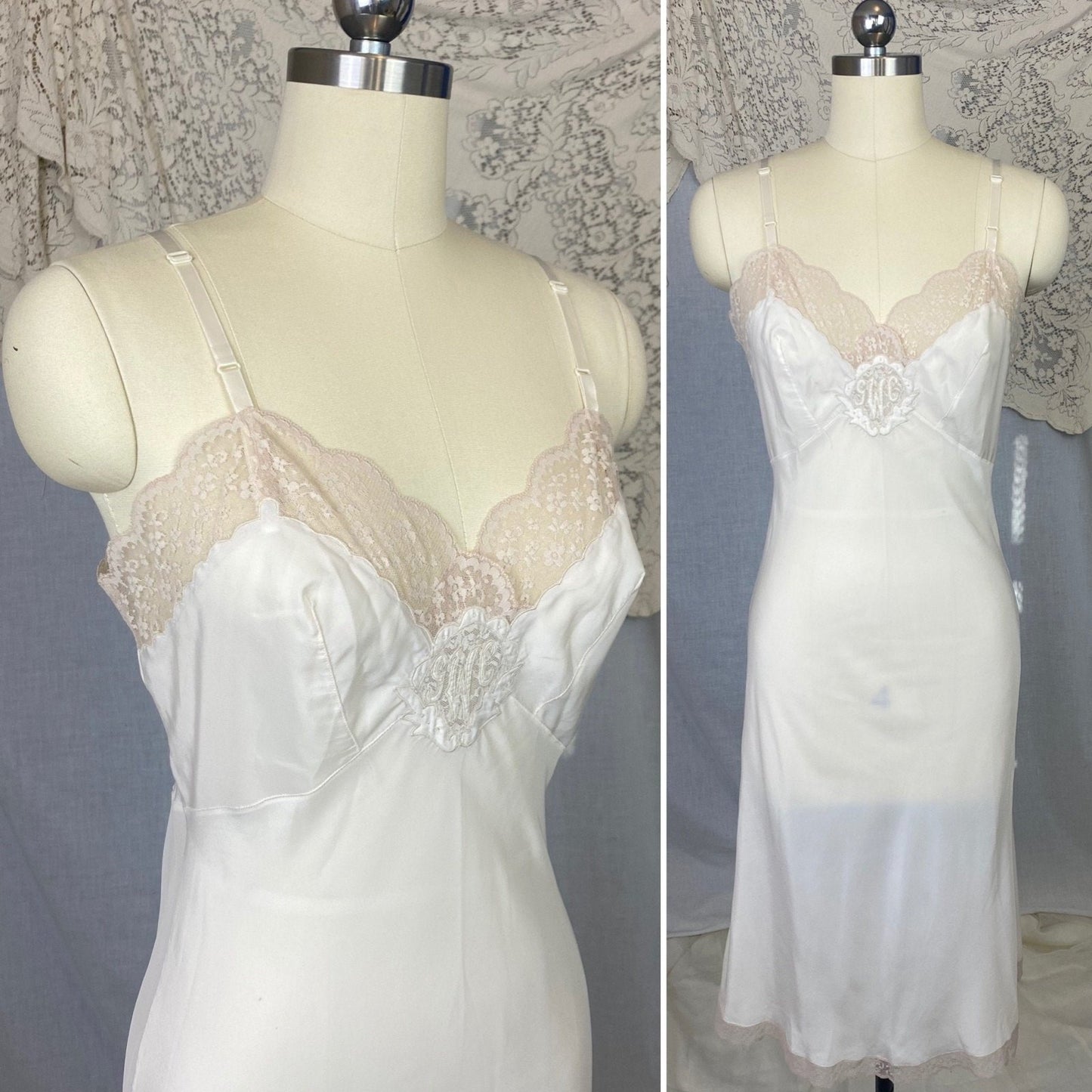 Vintage 1950's Slip | Creamy White Nylon Crepe with Nude Lace & Monogram Applique | Size S, M - Daggers & Dames