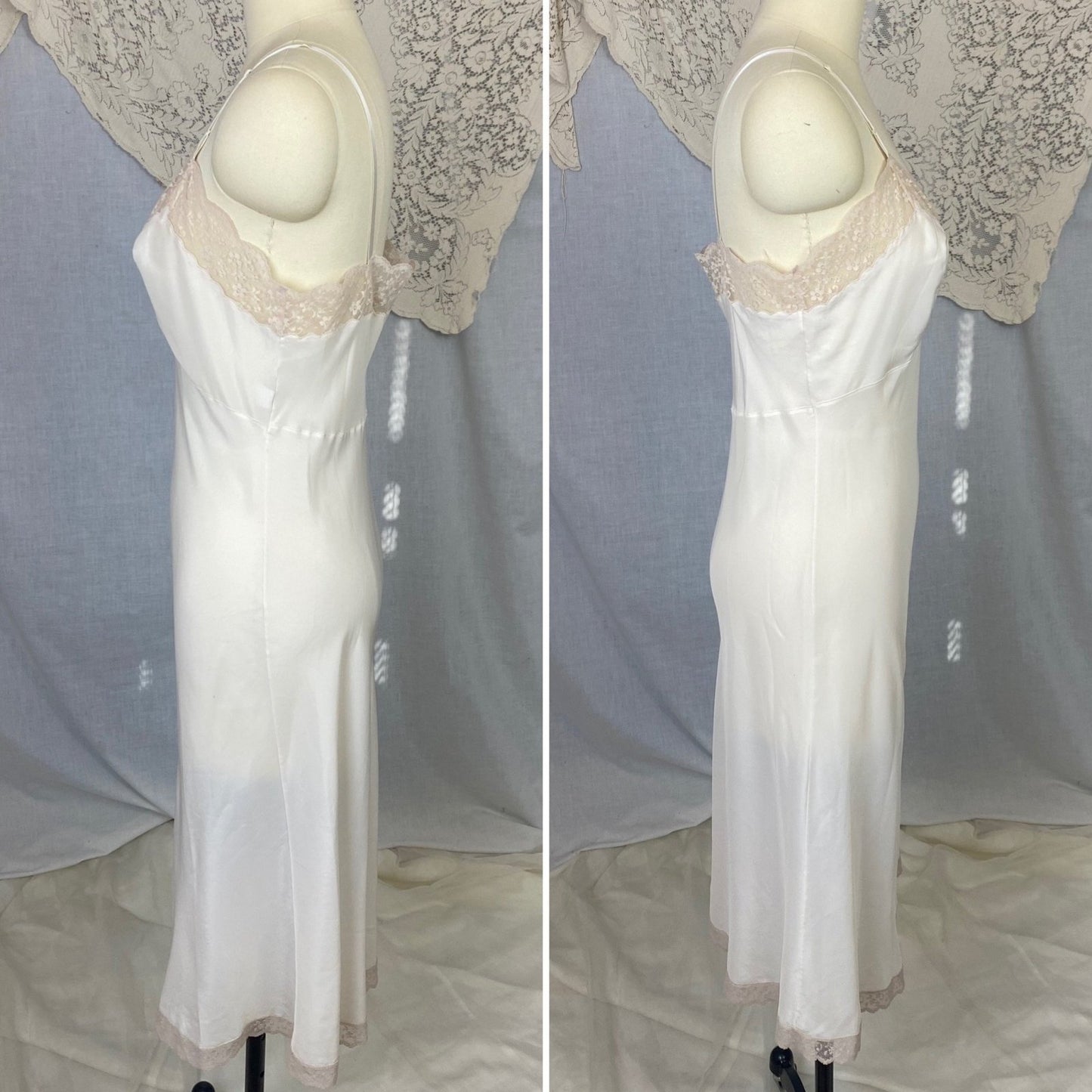 Vintage 1950's Slip | Creamy White Nylon Crepe with Nude Lace & Monogram Applique | Size S, M - Daggers & Dames