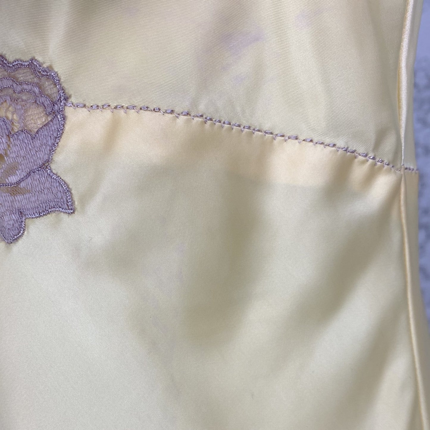 Vintage 1950's Slip | Golden Yellow Rayon Satin with Mocha Lace & Ann Monogram | Size M, LG - Daggers & Dames