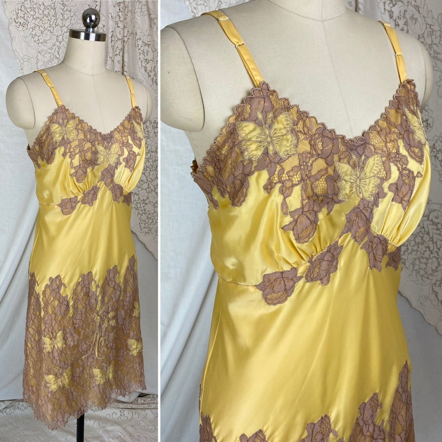 Vintage 1950's Slip | Golden Yellow Rayon Satin with Mocha Lace & Ann Monogram | Size M, LG - Daggers & Dames