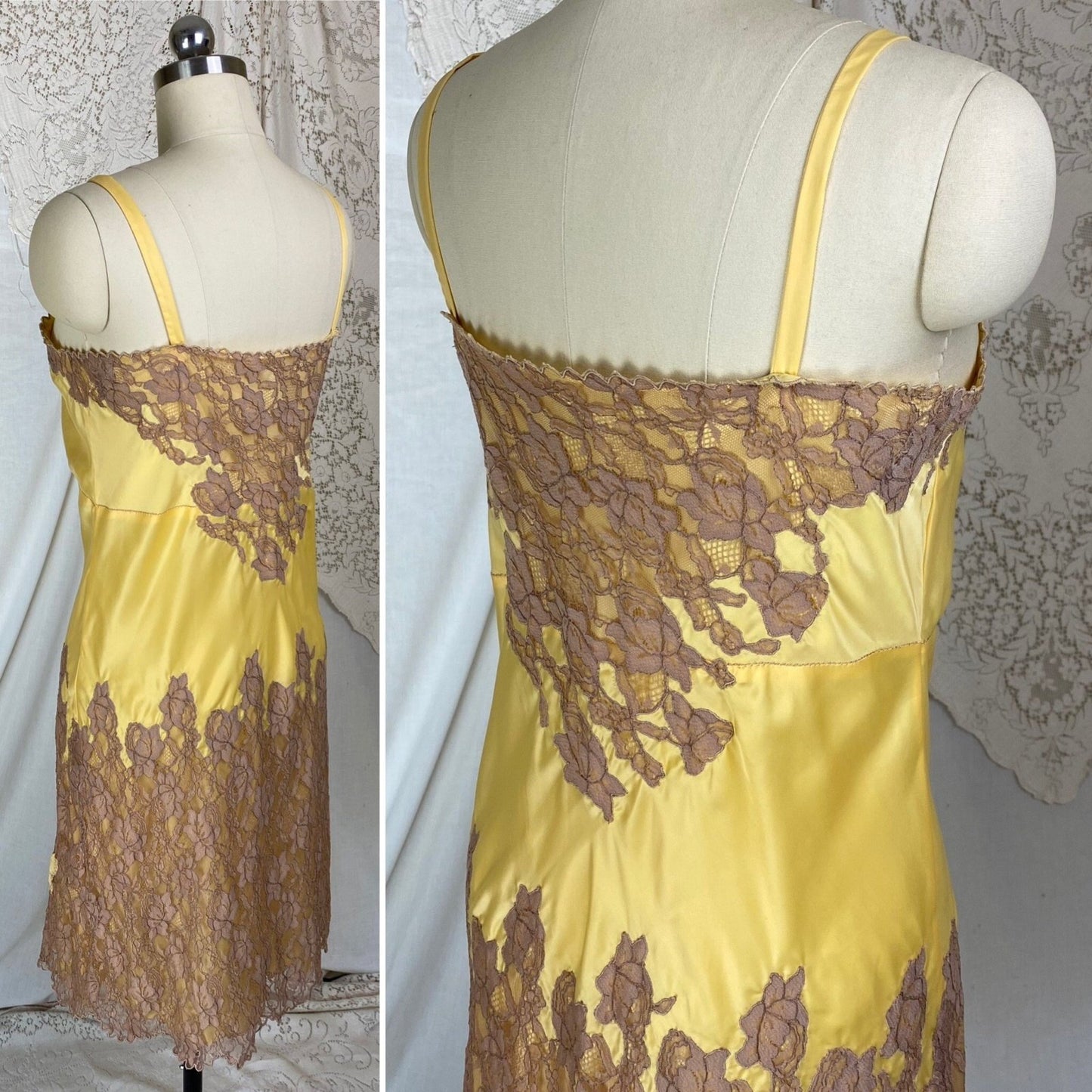 Vintage 1950's Slip | Golden Yellow Rayon Satin with Mocha Lace & Ann Monogram | Size M, LG - Daggers & Dames