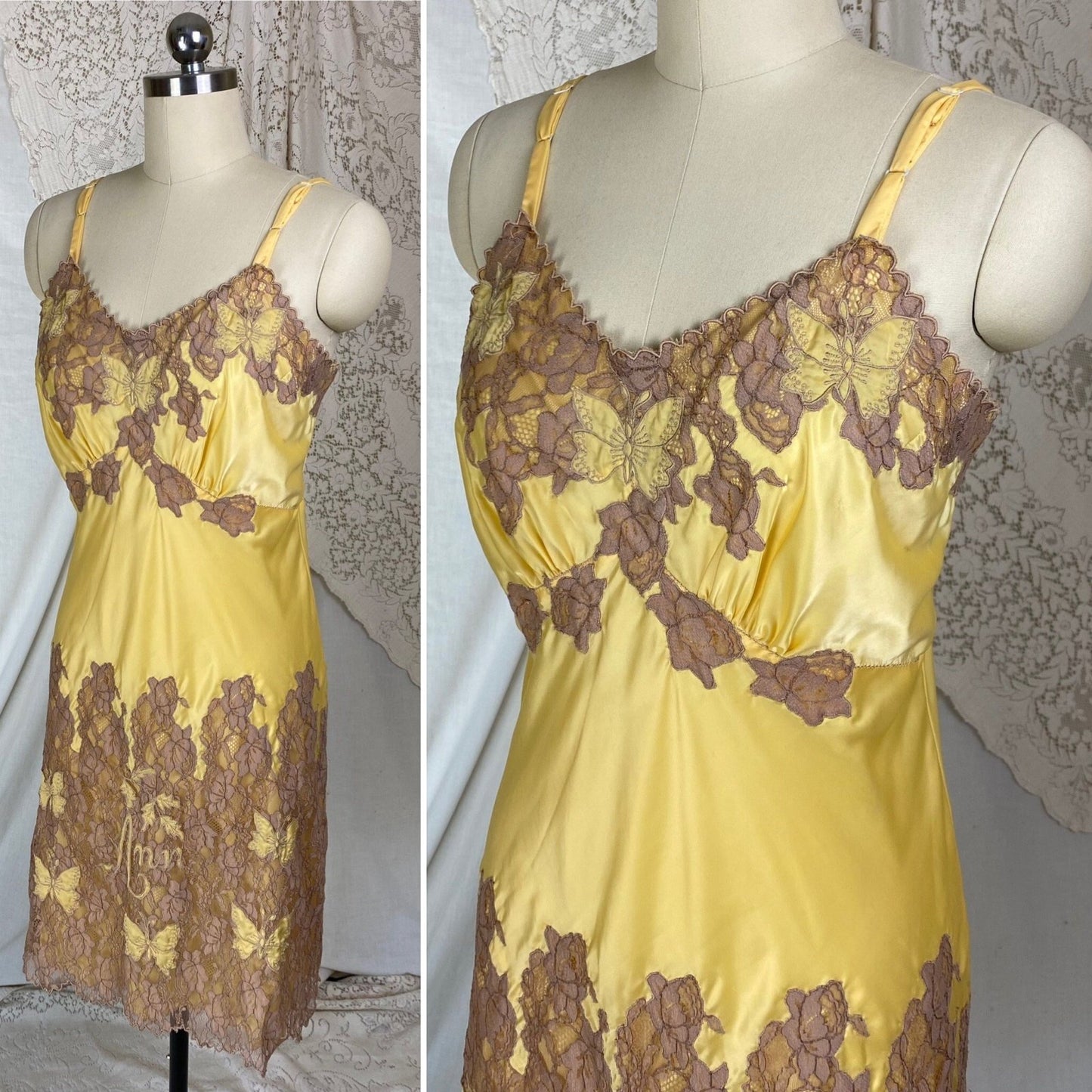 Vintage 1950's Slip | Golden Yellow Rayon Satin with Mocha Lace & Ann Monogram | Size M, LG - Daggers & Dames