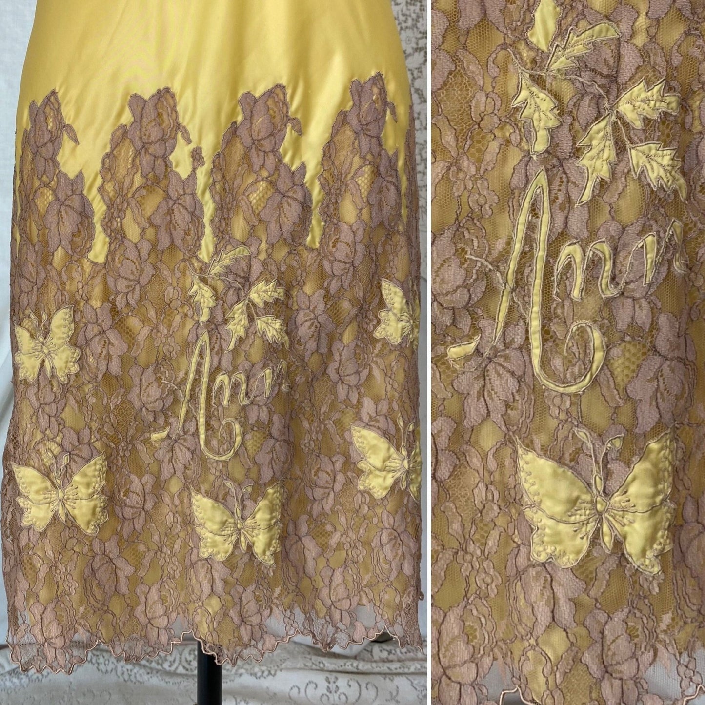 Vintage 1950's Slip | Golden Yellow Rayon Satin with Mocha Lace & Ann Monogram | Size M, LG - Daggers & Dames