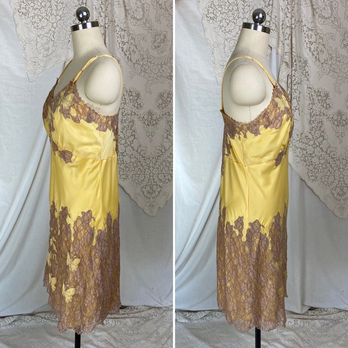 Vintage 1950's Slip | Golden Yellow Rayon Satin with Mocha Lace & Ann Monogram | Size M, LG - Daggers & Dames