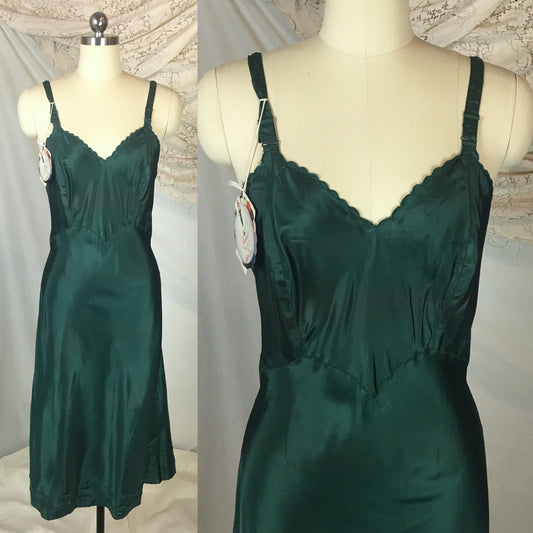 Vintage 1950's Slip | Hunter Green Acetate Taffeta with Bias Cut | Seamprufe - New with Tags | Size SM - Daggers & Dames