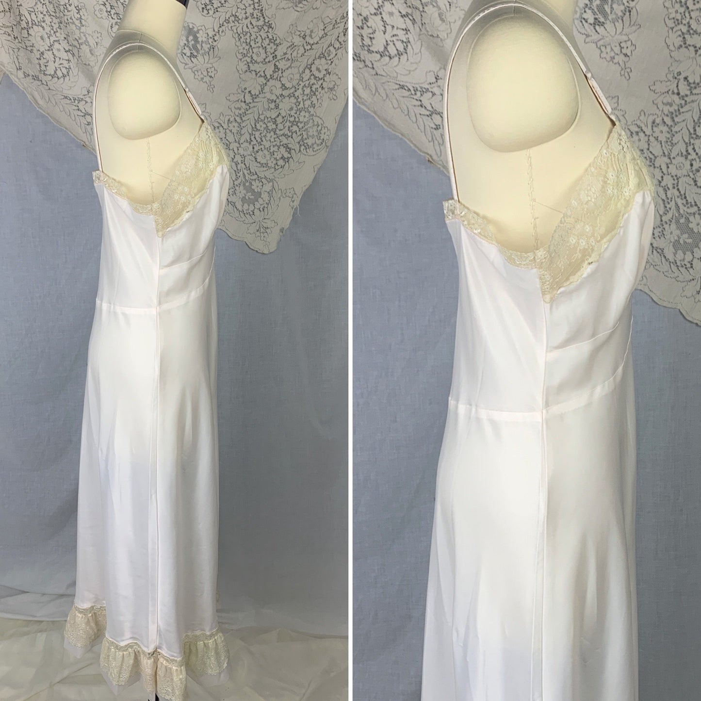 Vintage 1950's Slip | Palest Pink Nylon Satin with Ruffled Chiffon & Floral Lace | Size M, LG | Lady Lynn -Never Worn - Daggers & Dames