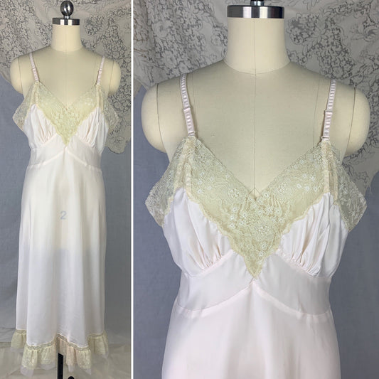 Vintage 1950's Slip | Palest Pink Nylon Satin with Ruffled Chiffon & Floral Lace | Size M, LG | Lady Lynn -Never Worn - Daggers & Dames