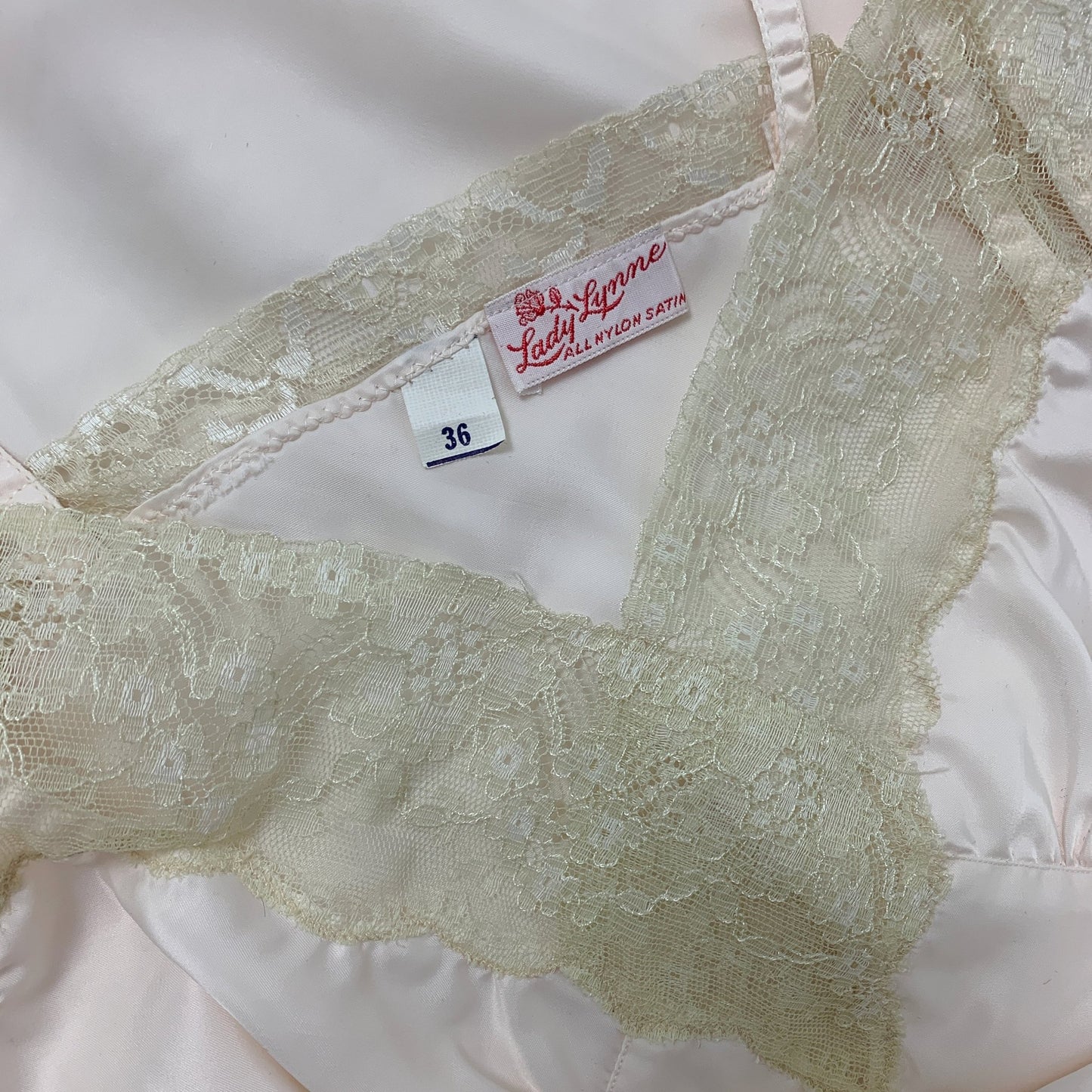 Vintage 1950's Slip | Palest Pink Nylon Satin with Ruffled Chiffon & Floral Lace | Size M, LG | Lady Lynn -Never Worn - Daggers & Dames