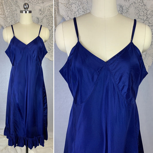 Vintage 1950's Slip | Rich Cobalt Blue Rayon with Crystal Pleat Hem | Size L, XL - Daggers & Dames