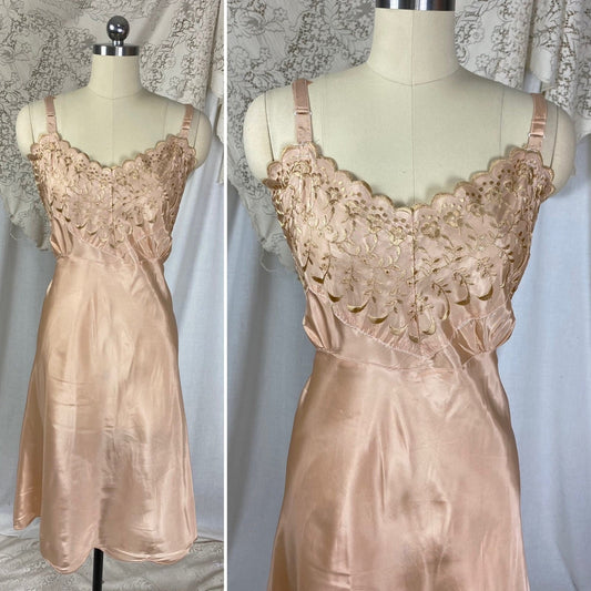 Vintage 1950's Slip | Rich Mauve Acetate with Gold Embroidery & Scalloped Hem | Size LG, XLG | Never Worn - Daggers & Dames