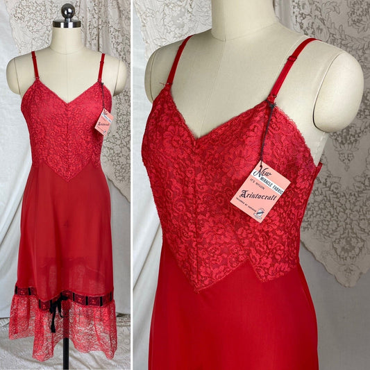 Vintage 1950's Slip | Rose Red Nylon with Lace & Black Satin Bow | Size S, M | Aristocraft - New with Tags - Daggers & Dames
