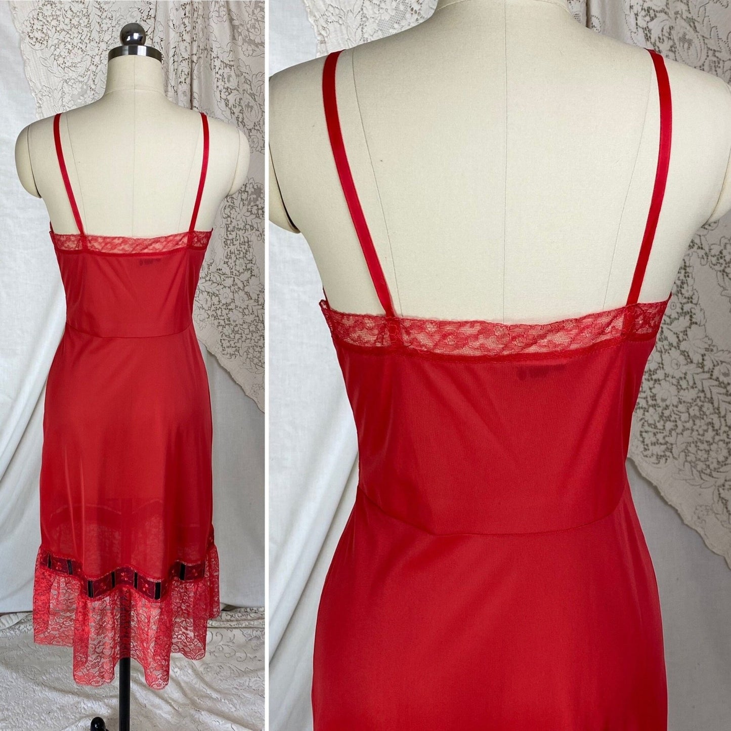Vintage 1950's Slip | Rose Red Nylon with Lace & Black Satin Bow | Size S, M | Aristocraft - New with Tags - Daggers & Dames