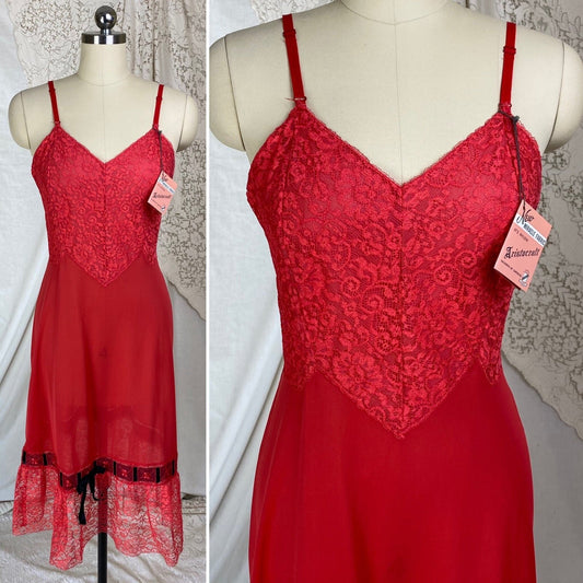 Vintage 1950's Slip | Rose Red Nylon with Lace & Black Satin Bow | Size S, M | Aristocraft - New with Tags - Daggers & Dames