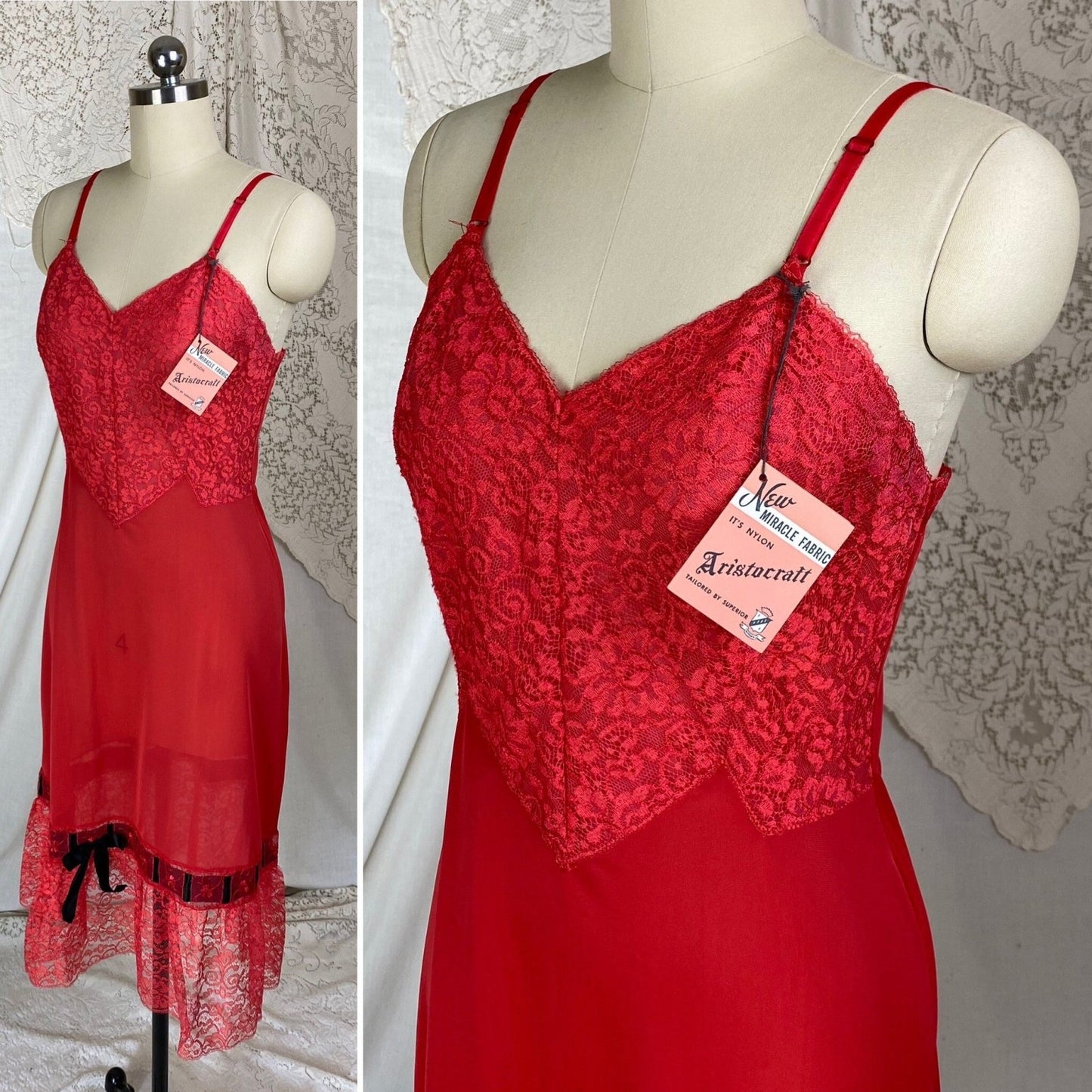 Vintage 1950's Slip | Rose Red Nylon with Lace & Black Satin Bow | Size S, M | Aristocraft - New with Tags - Daggers & Dames