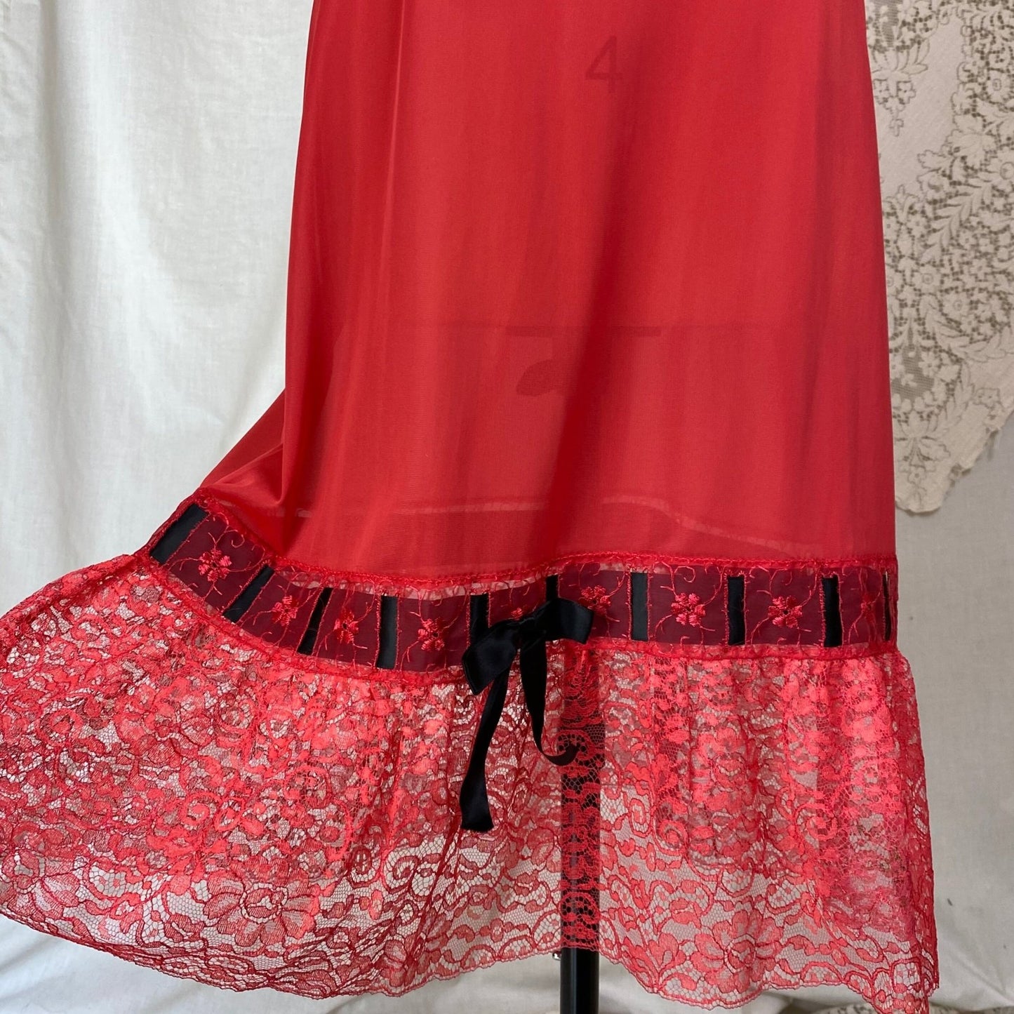 Vintage 1950's Slip | Rose Red Nylon with Lace & Black Satin Bow | Size S, M | Aristocraft - New with Tags - Daggers & Dames
