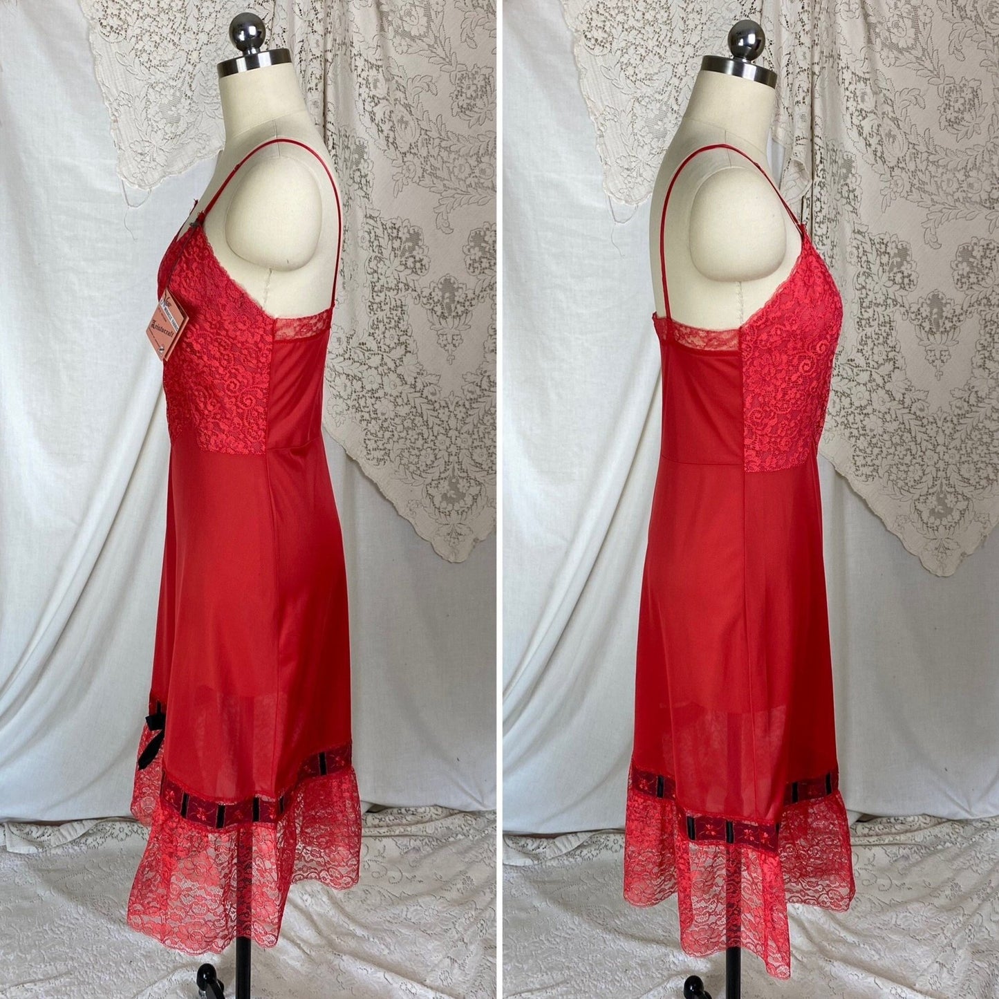 Vintage 1950's Slip | Rose Red Nylon with Lace & Black Satin Bow | Size S, M | Aristocraft - New with Tags - Daggers & Dames