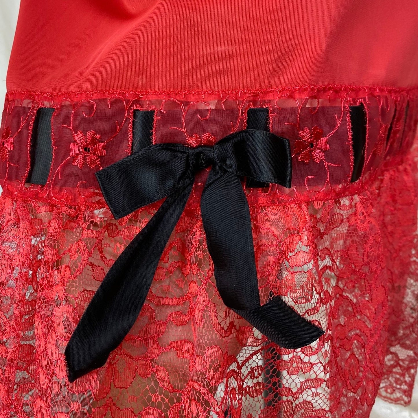 Vintage 1950's Slip | Rose Red Nylon with Lace & Black Satin Bow | Size S, M | Aristocraft - New with Tags - Daggers & Dames