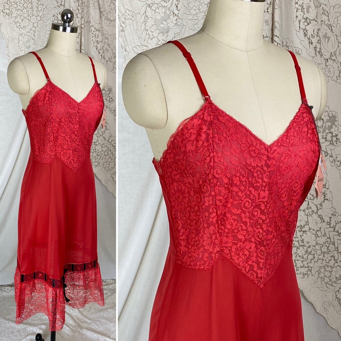 Vintage 1950's Slip | Rose Red Nylon with Lace & Black Satin Bow | Size S, M | Aristocraft - New with Tags - Daggers & Dames