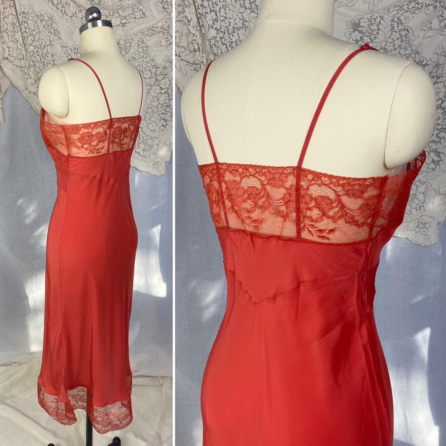 Vintage 1950's Slip | Scarlet Red Rayon with Floral Lace | Size S | Eye-Ful -Never Worn - Daggers & Dames