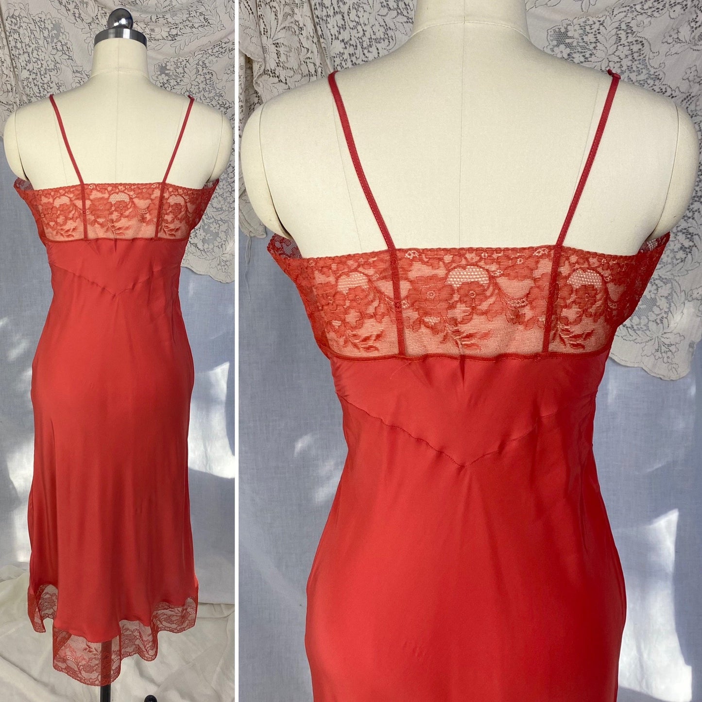 Vintage 1950's Slip | Scarlet Red Rayon with Floral Lace | Size S | Eye-Ful -Never Worn - Daggers & Dames