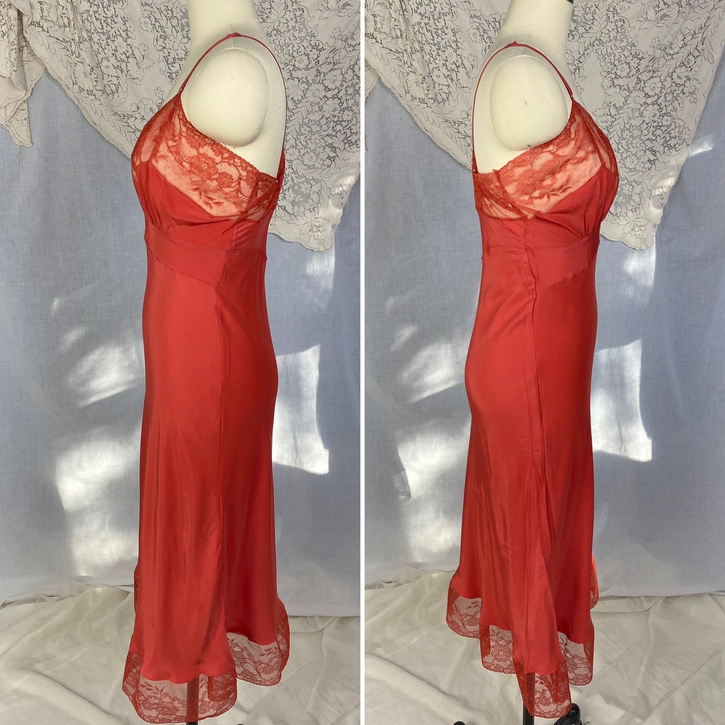 Vintage 1950's Slip | Scarlet Red Rayon with Floral Lace | Size S | Eye-Ful -Never Worn - Daggers & Dames