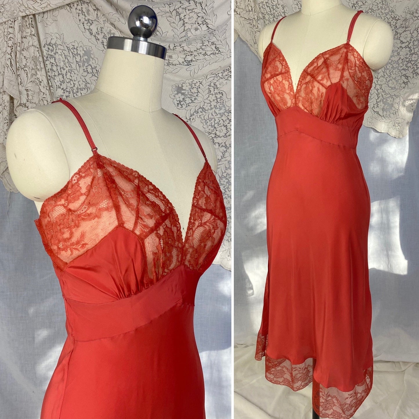 Vintage 1950's Slip | Scarlet Red Rayon with Floral Lace | Size S | Eye-Ful -Never Worn - Daggers & Dames