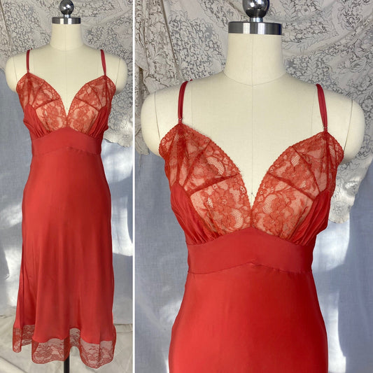 Vintage 1950's Slip | Scarlet Red Rayon with Floral Lace | Size S | Eye-Ful -Never Worn - Daggers & Dames