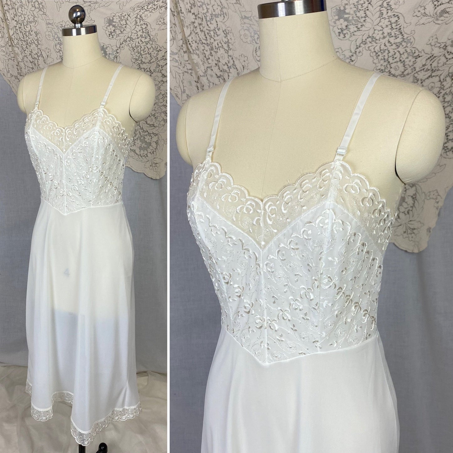 Vintage 1950's Slip | Sheer White Nylon with Floral Embroidered Chiffon | Size 34 Bust, S | Pembrook, Never Worn - Daggers & Dames