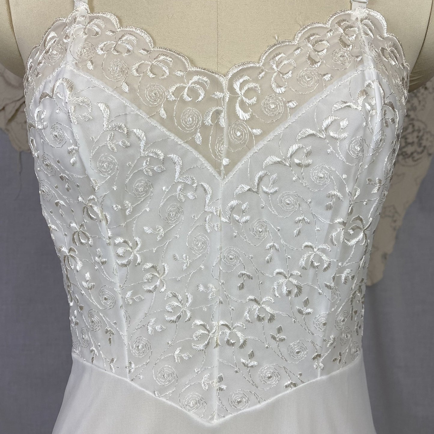 Vintage 1950's Slip | Sheer White Nylon with Floral Embroidered Chiffon | Size 34 Bust, S | Pembrook, Never Worn - Daggers & Dames