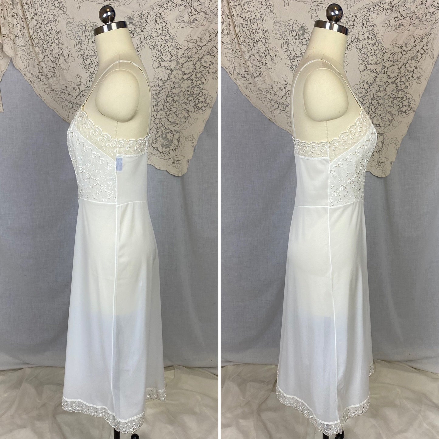 Vintage 1950's Slip | Sheer White Nylon with Floral Embroidered Chiffon | Size 34 Bust, S | Pembrook, Never Worn - Daggers & Dames