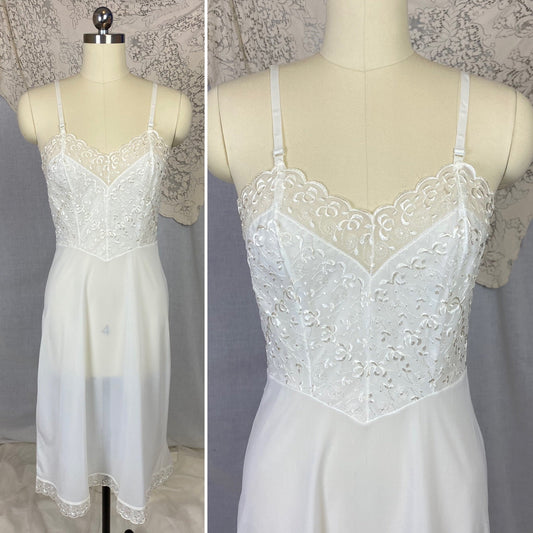 Vintage 1950's Slip | Sheer White Nylon with Floral Embroidered Chiffon | Size 34 Bust, S | Pembrook, Never Worn - Daggers & Dames