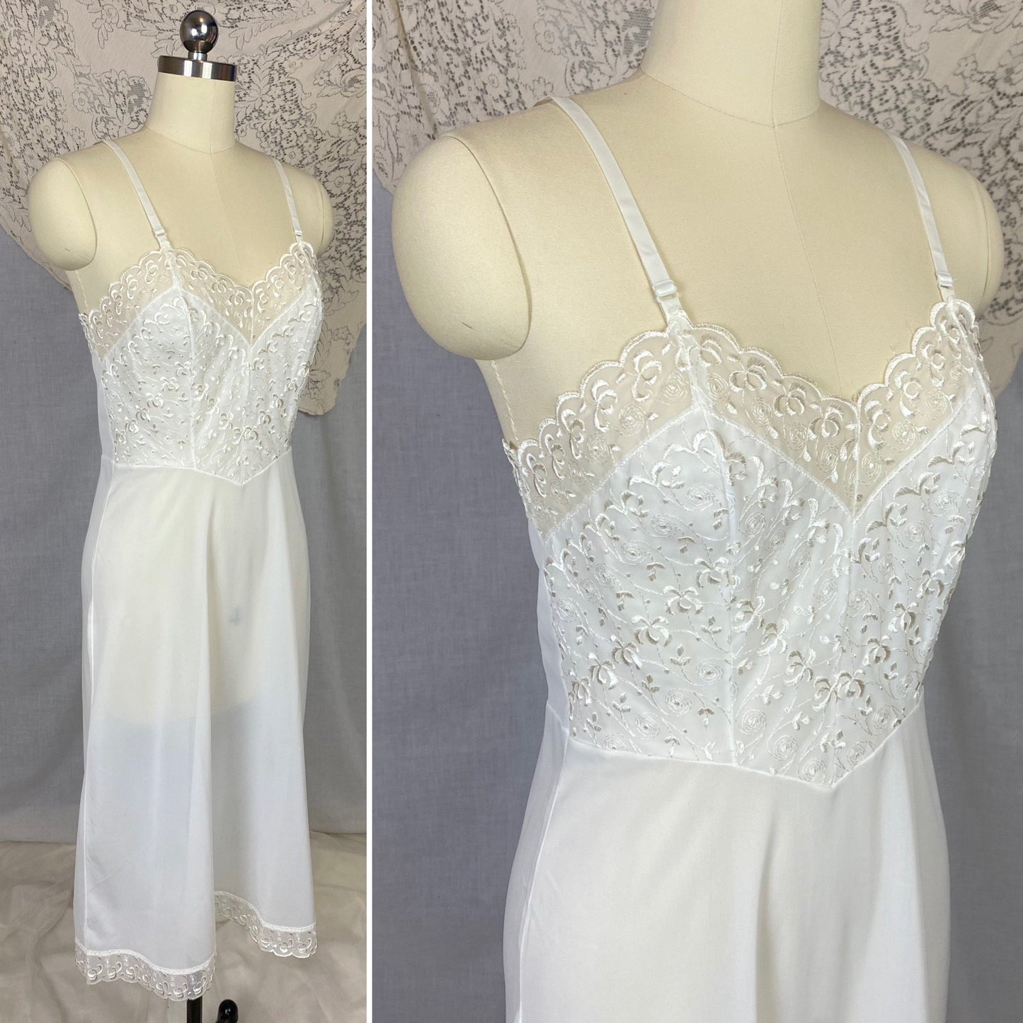 Vintage 1950's Slip | Sheer White Nylon with Floral Embroidered Chiffon | Size 34 Bust, S | Pembrook, Never Worn - Daggers & Dames