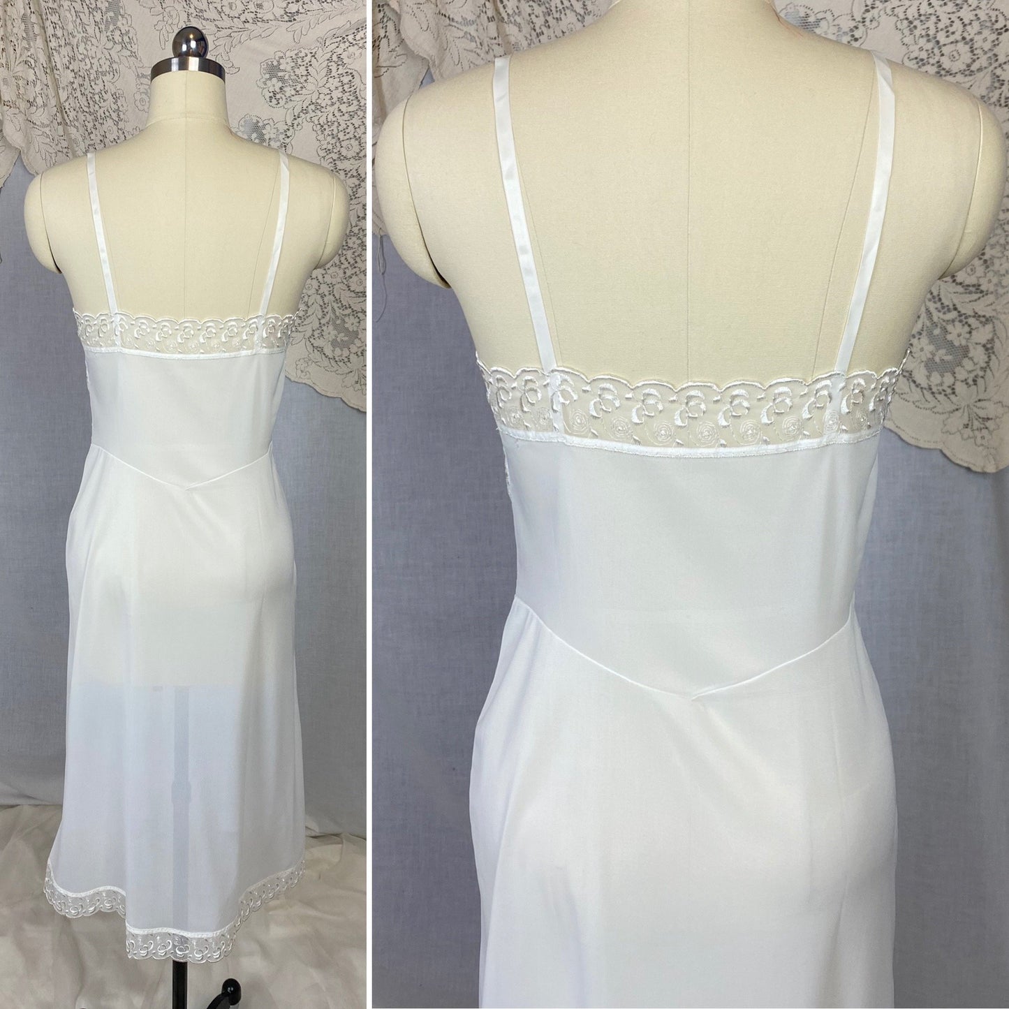 Vintage 1950's Slip | Sheer White Nylon with Floral Embroidered Chiffon | Size 34 Bust, S | Pembrook, Never Worn - Daggers & Dames