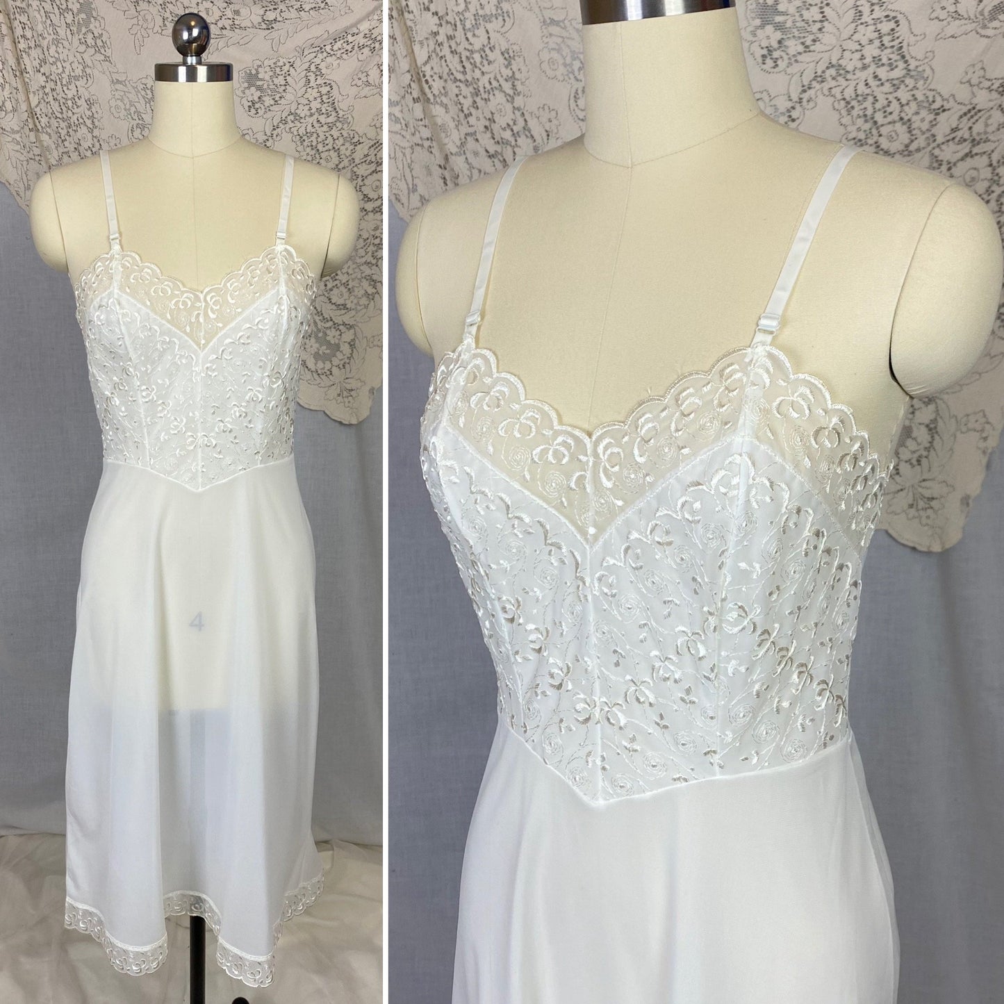 Vintage 1950's Slip | Sheer White Nylon with Floral Embroidered Chiffon | Size 34 Bust, S | Pembrook, Never Worn - Daggers & Dames